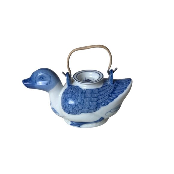 Chinese VTG Teapot Hand Painted Blue White Duck Wrapped Handle With Lid - Picture 6 of 12